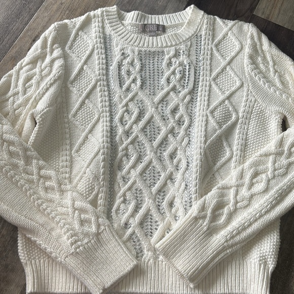 J. crew Cable knit chunky crew neck cotton sweater with crystals ivory fall - Picture 3 of 4